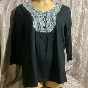Samantha's Top Blouse XL Black Gray White Polka Dots Stretchy Sequin 3/4 Sleeve